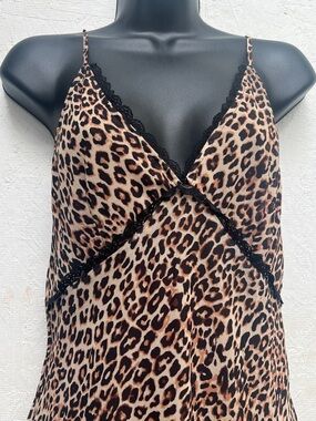 Leopard Print Sheer Trim Slip Maxi Dress